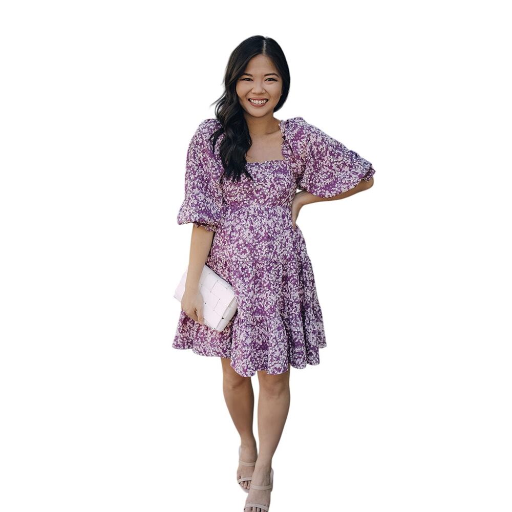 Purple Floral Dress with Puff Sleeves